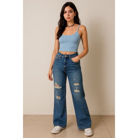 Y2K Grunge Distressed Wide Leg Blue Denim Jeans Indigo Rein Size 9 W28 L32 - Picture 1 of 6